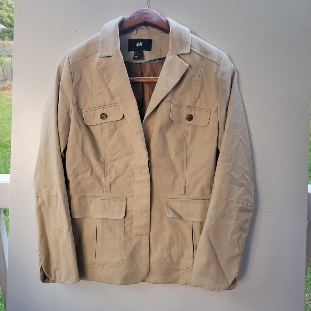 HM Womens Beige Cotton Utility Safari Blazer Jacket Size 4‎ Tan Cargo Pocket